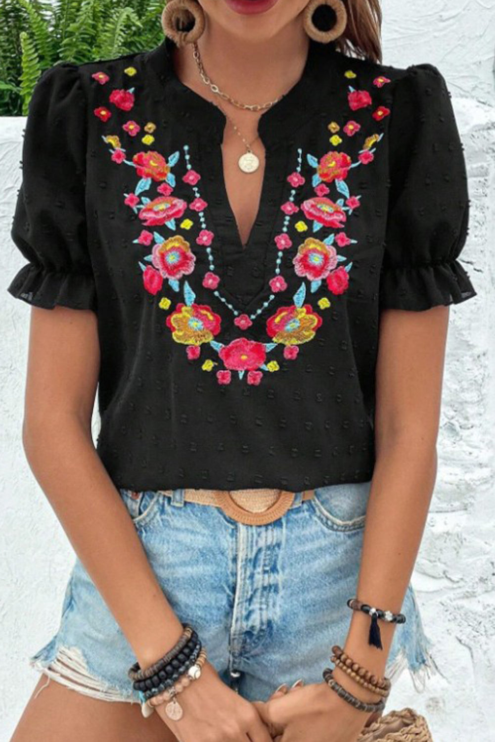Black Embroidered Floral V Neck Bubble Sleeve Blouse