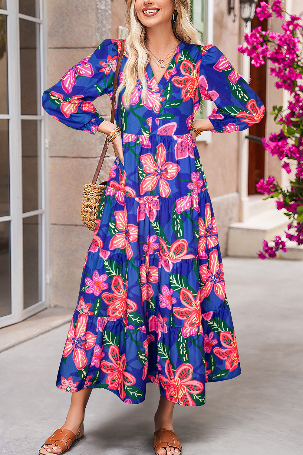 Blue Bohemian Floral Print Three Quarter Sleeve Tiered Maxi Dress