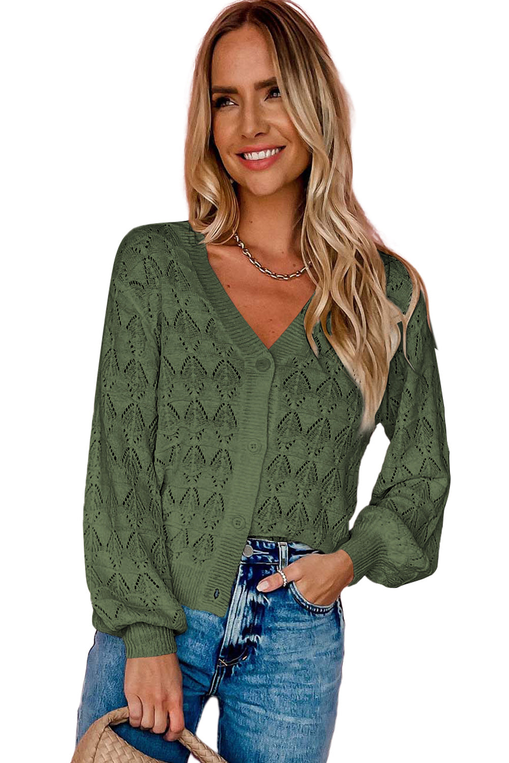 Green Lightweight Buttoned Front Crochet Cardigan