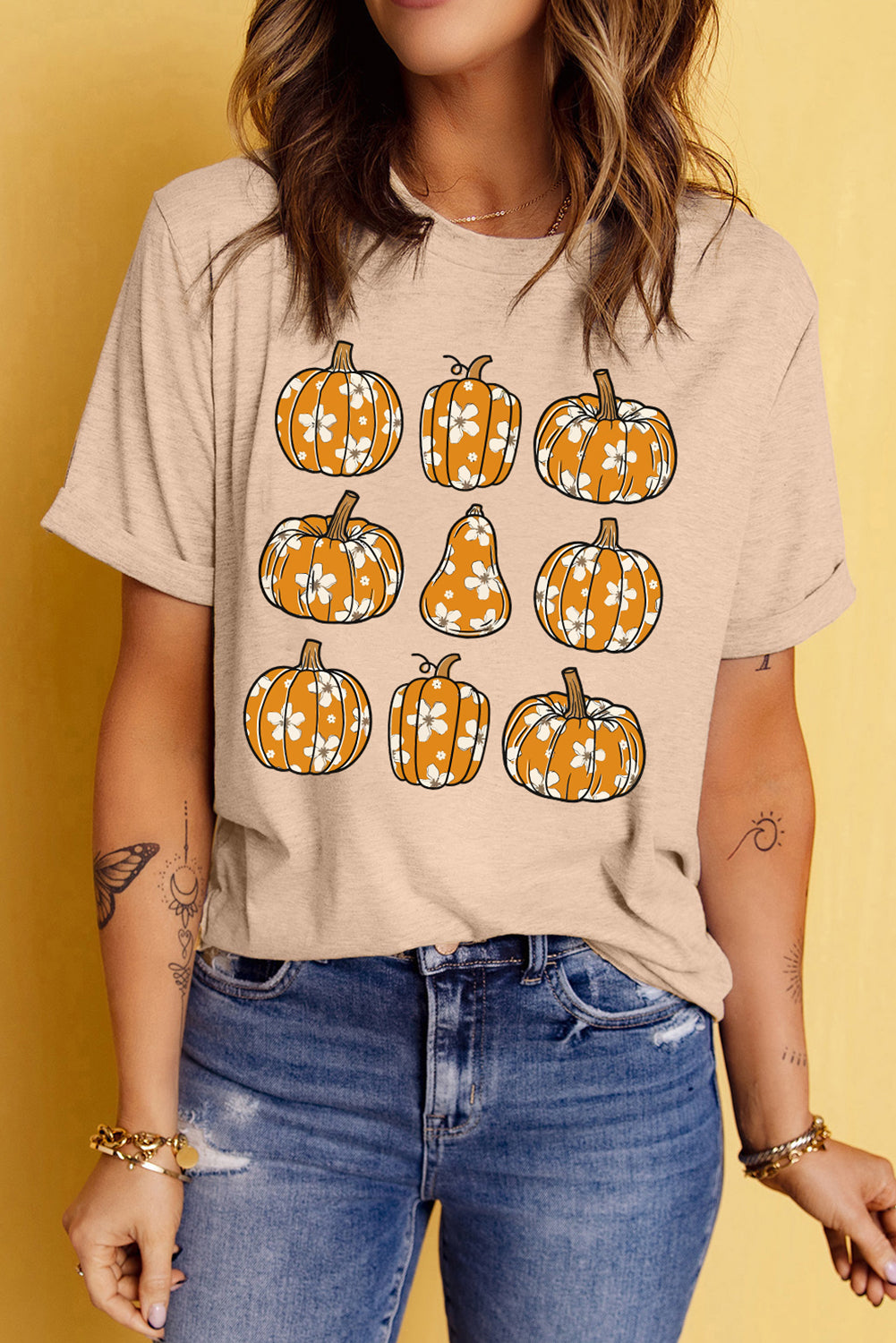 Khaki Fall Floral Pumpkin Print Casual Graphic T Shirt