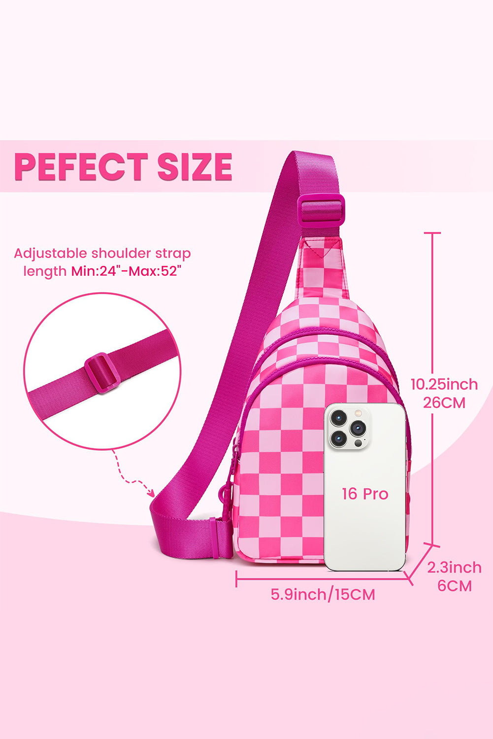 Rose Red Checkered Print Zip Front Crossbody Bag