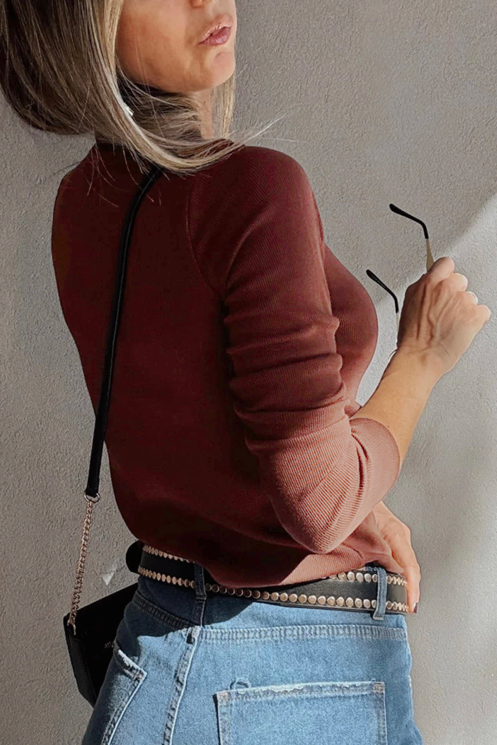 Burgundy Ruched Sweetheart Neck Ribbed Long Sleeve Top