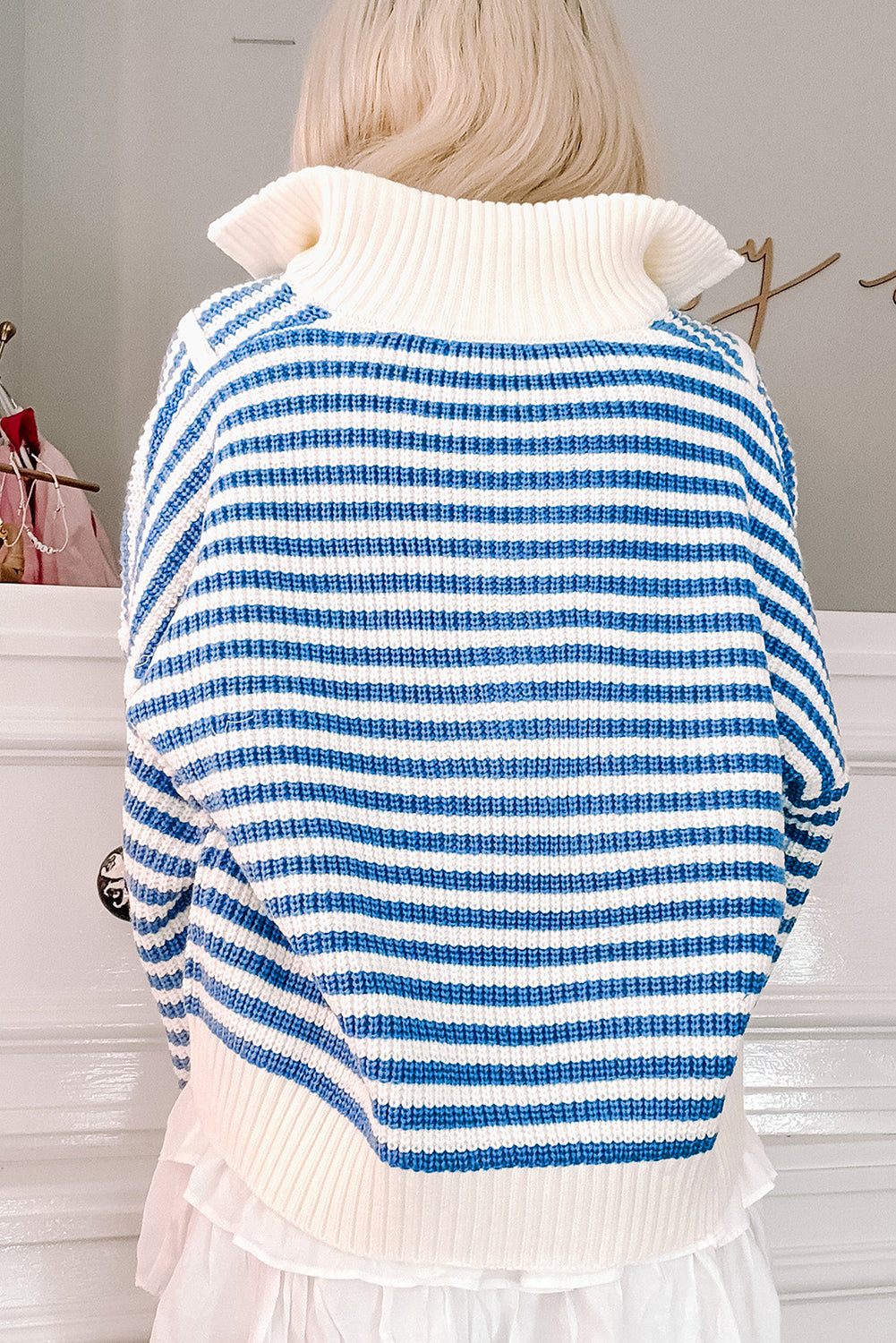 Sky Blue Stripe Zip up Collar Drop Sleeve Sweater