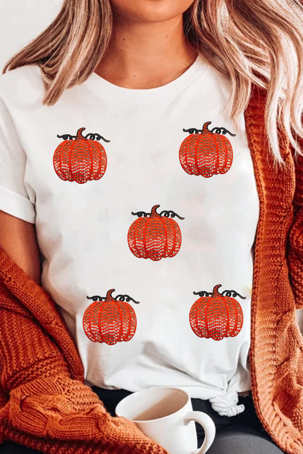 White Glitter Pumpkin Patched Cotton Blend T Shirt