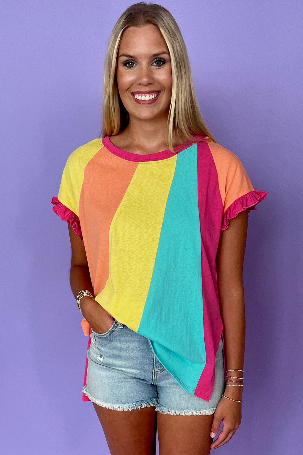 Rose Red Colorblock Ruffle Sleeve Loose Fit T Shirt