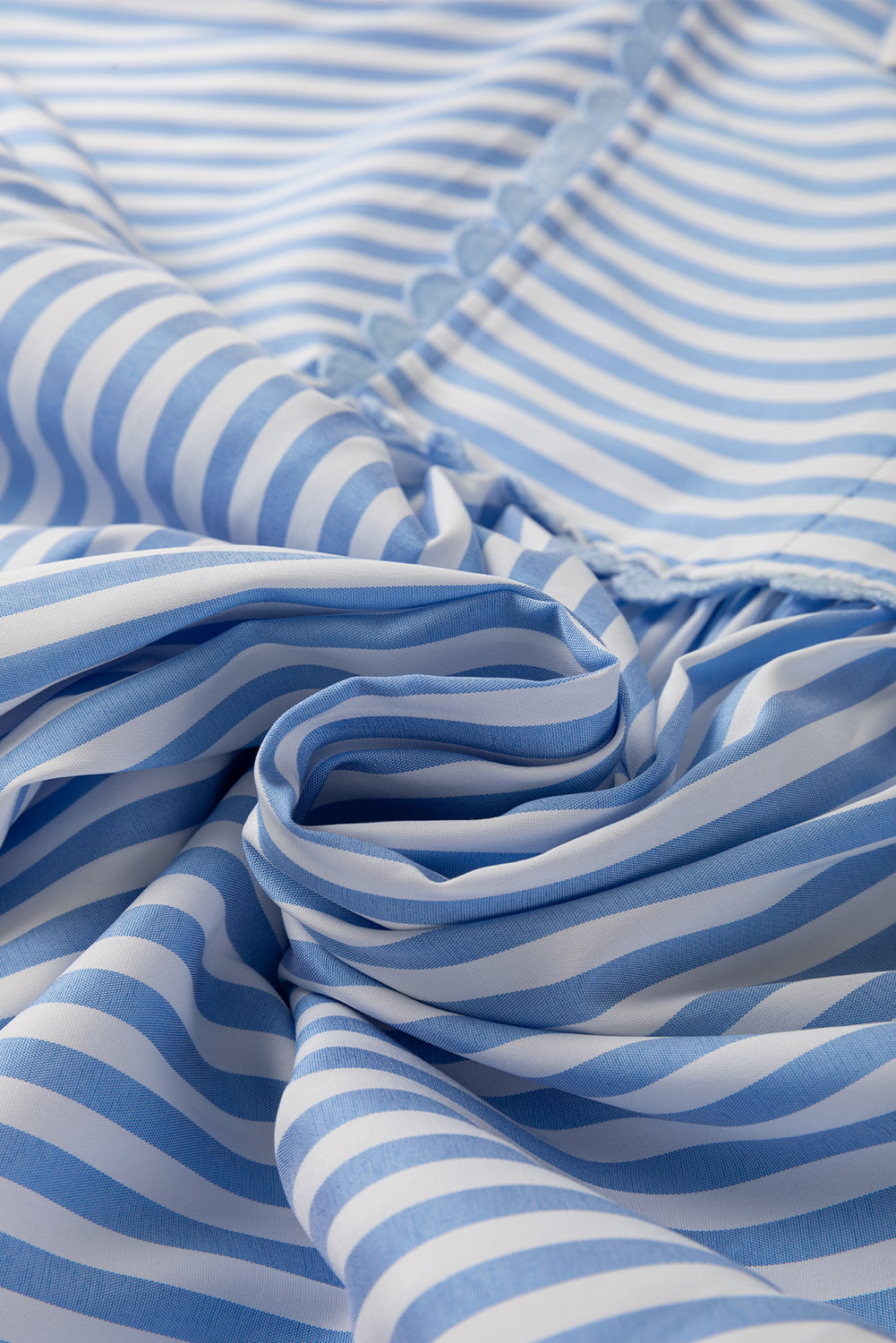 Sky Blue Striped Ric Rac Trim Collared V Neck Blouse