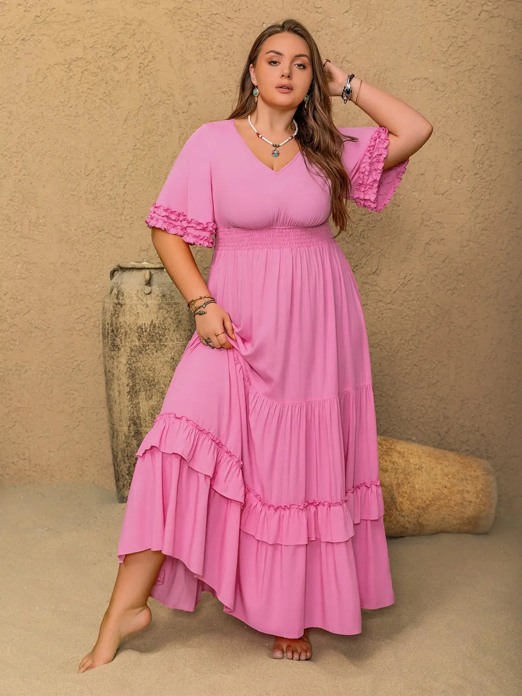 Plus Size V-Neck Half Sleeve Maxi Dress