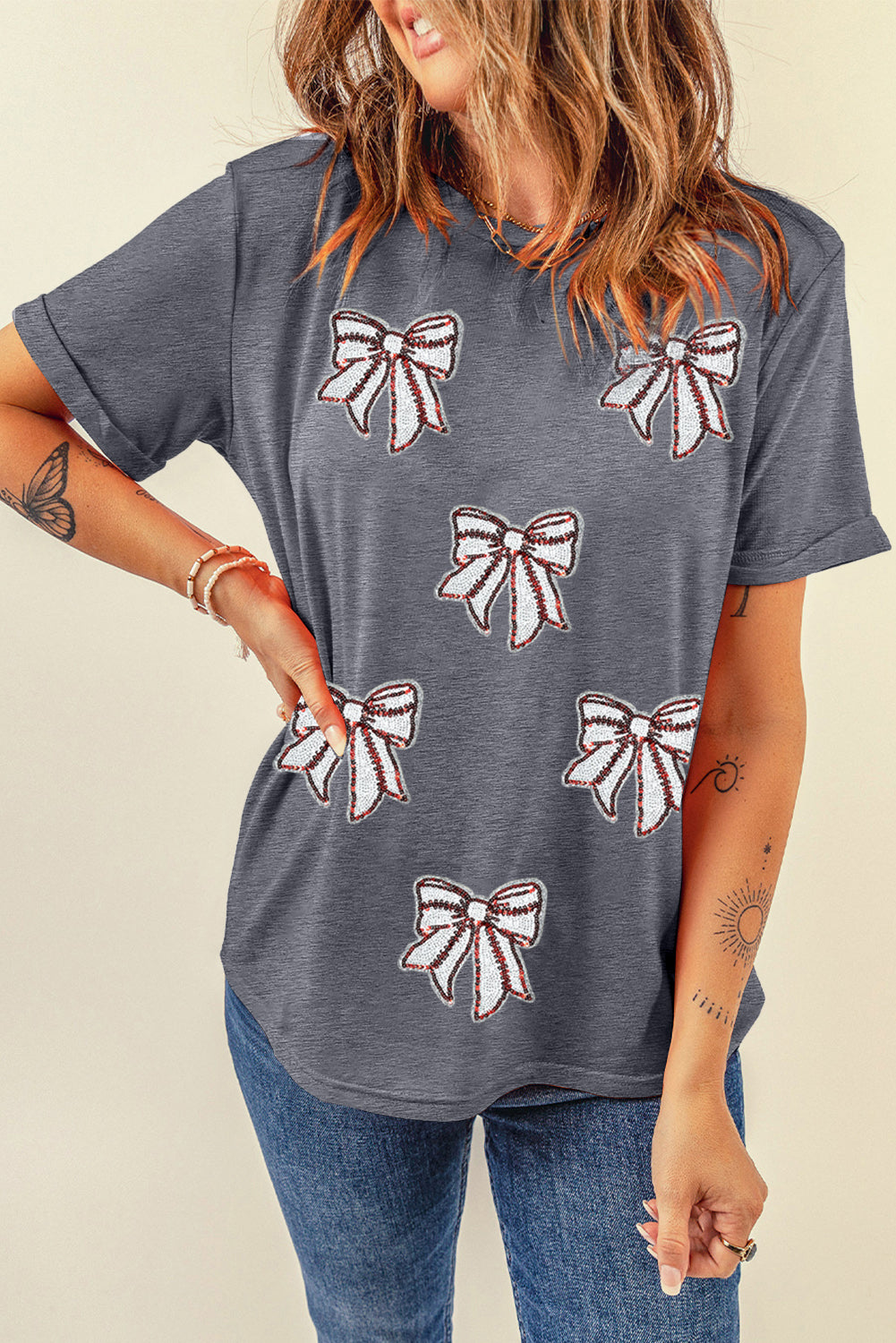 Gray Game Day Sequin Bow Fashion Graphic Tee