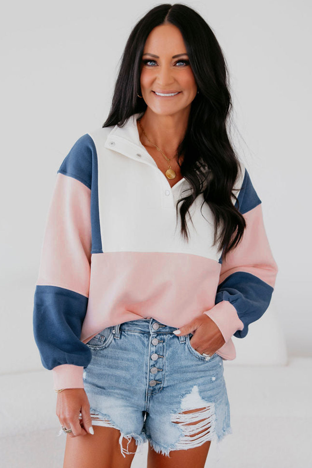 Pink Colorblock Patchwork Half Button Baggy Sweatshirt