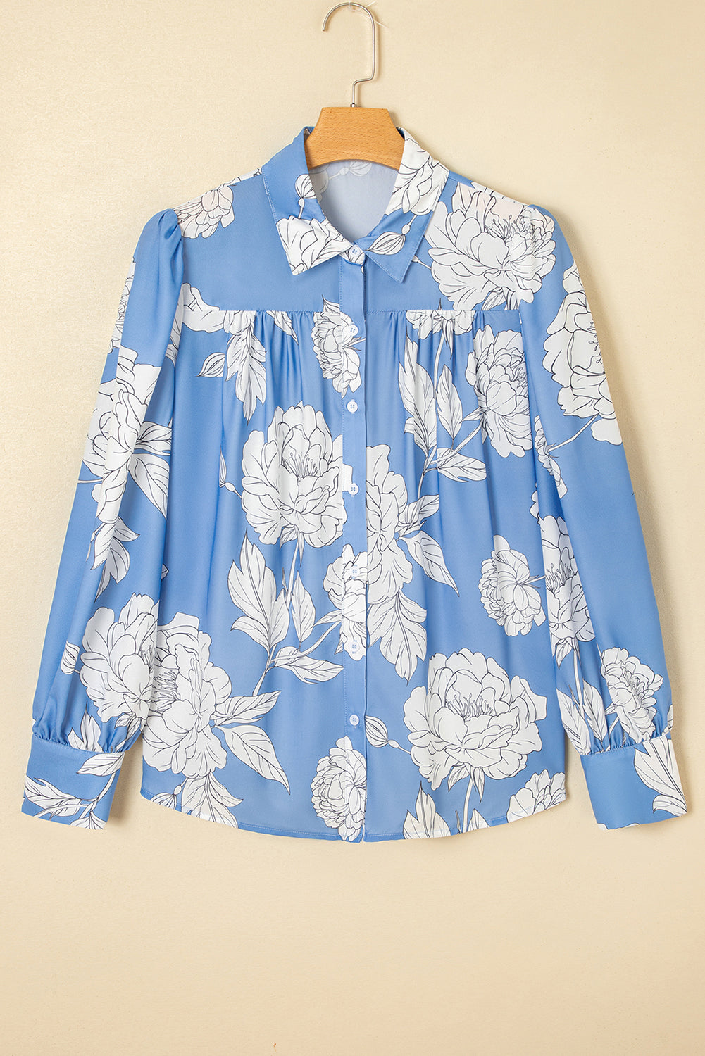 Sky Blue Floral Print Pleated Puff Sleeve Shirt