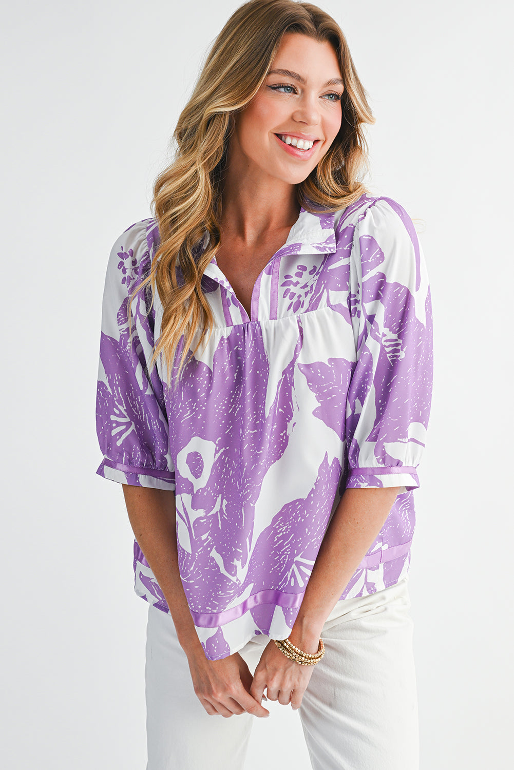 Purple Floral V-Neck Bubble Sleeve Blouse