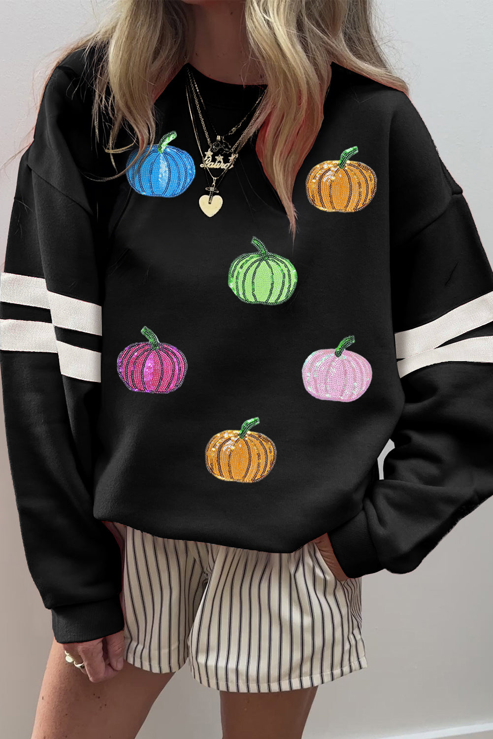 Black Sequin Pumpkin Oversized Varsity Sweatshirt