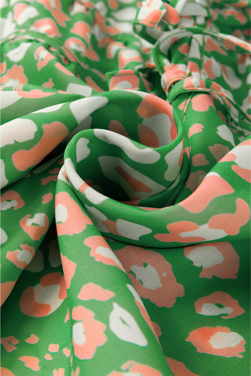 Green Abstract Leopard Tie Front Flutter Sleeve Blouse