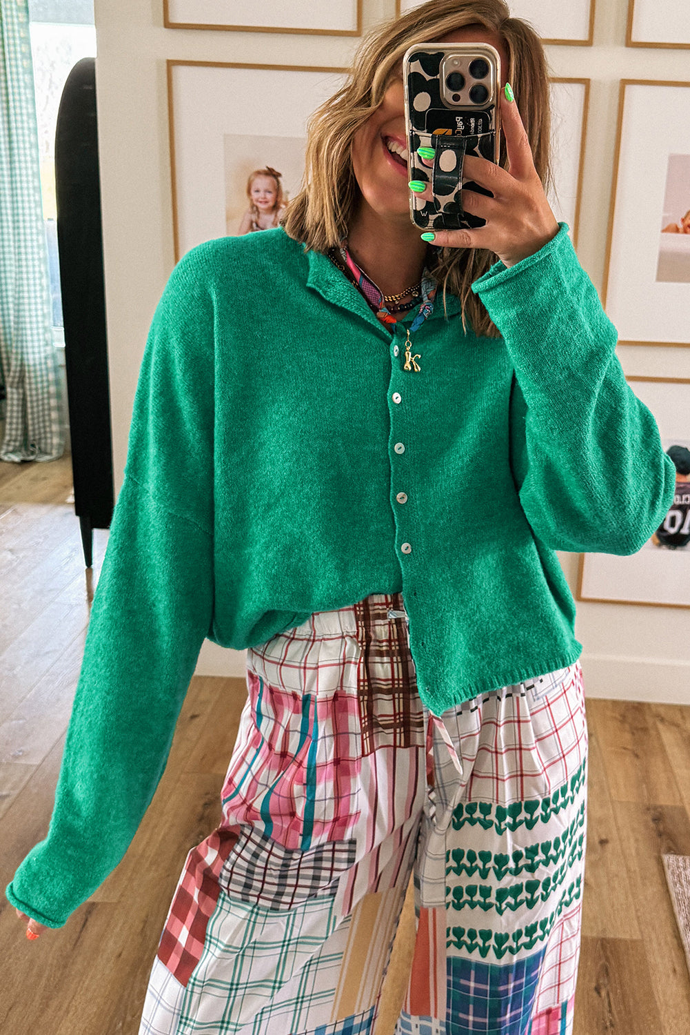 Bright Green Solid Color Button Drop Shoulder Knit Cardigan