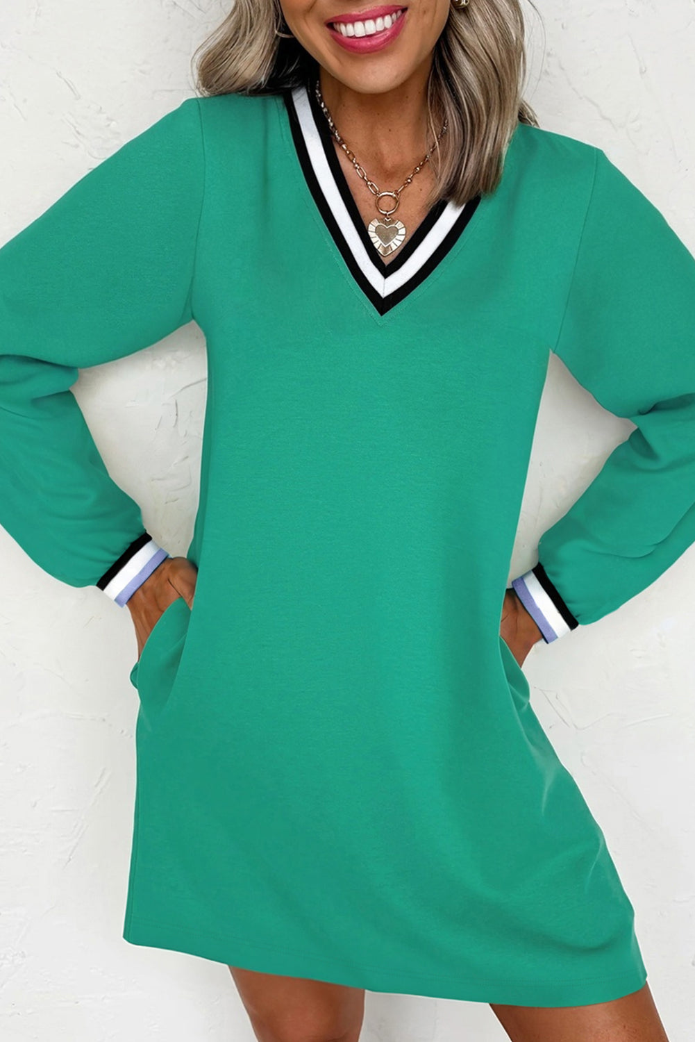 Mint Green Preppy Contrast Striped V Neck Long Sleeve T-shirt Dress