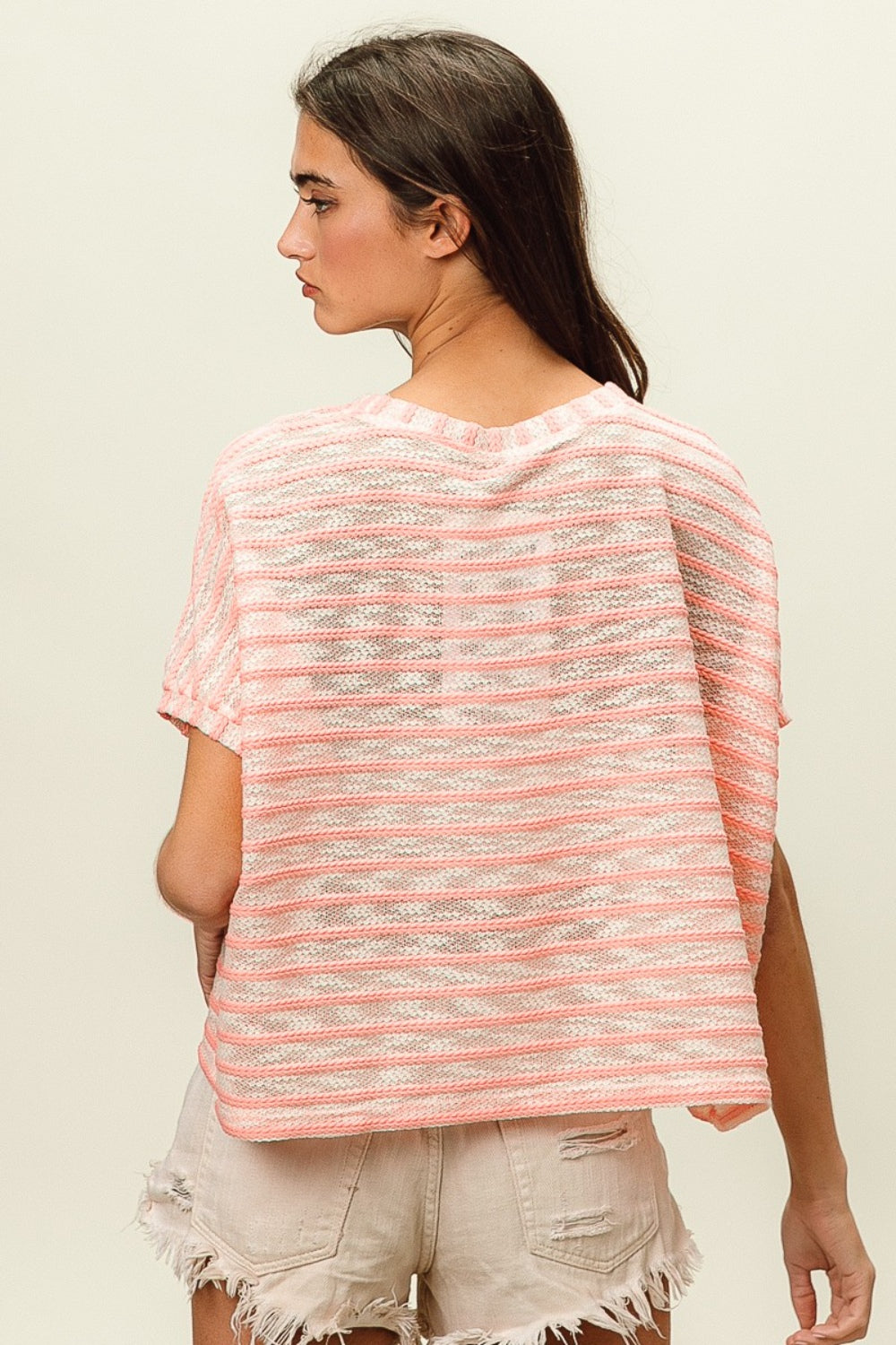 BiBi Braid Striped Short Sleeve Round Neck T-Shirt-1
