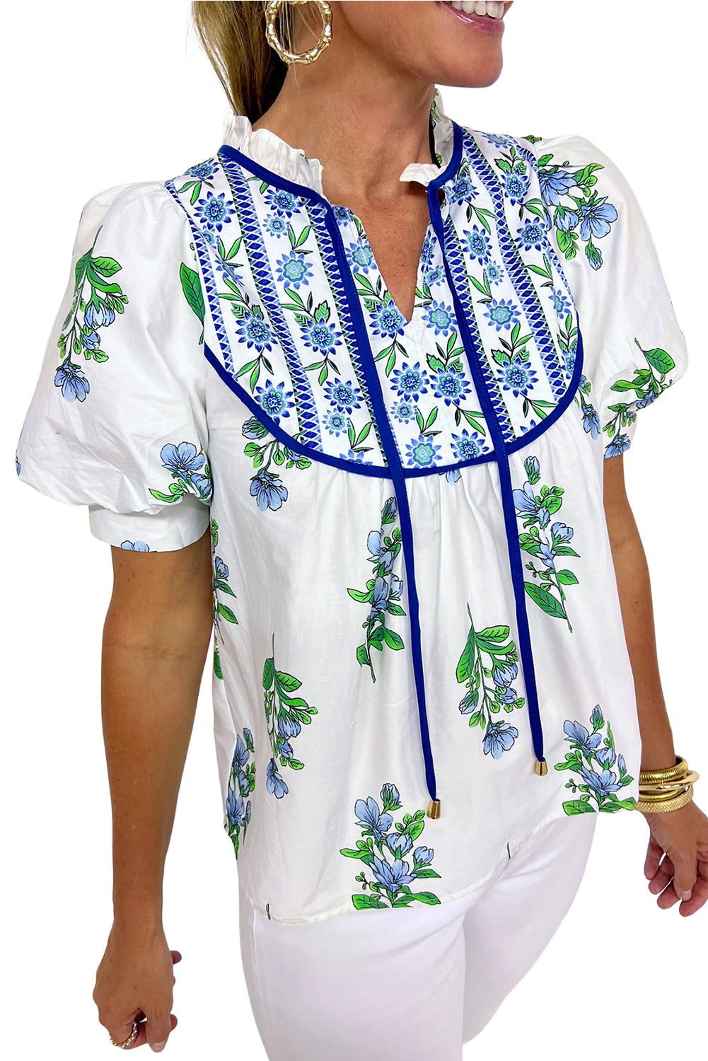 Beige Floral Print Piping Trim Tie Neck Puff Sleeve Blouse