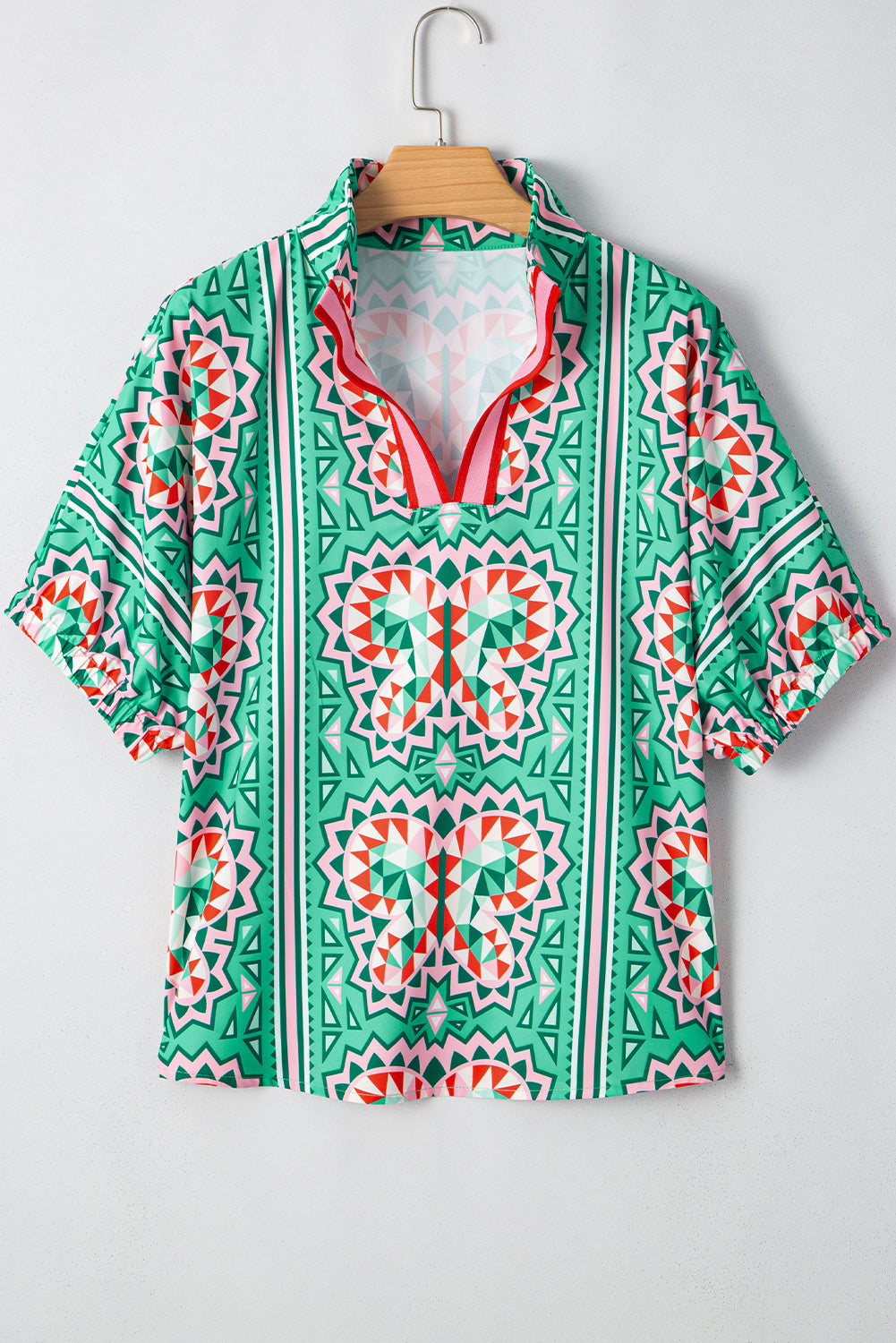 Sea Green Boho Geometric Print Pop of Color Neckline Blouse
