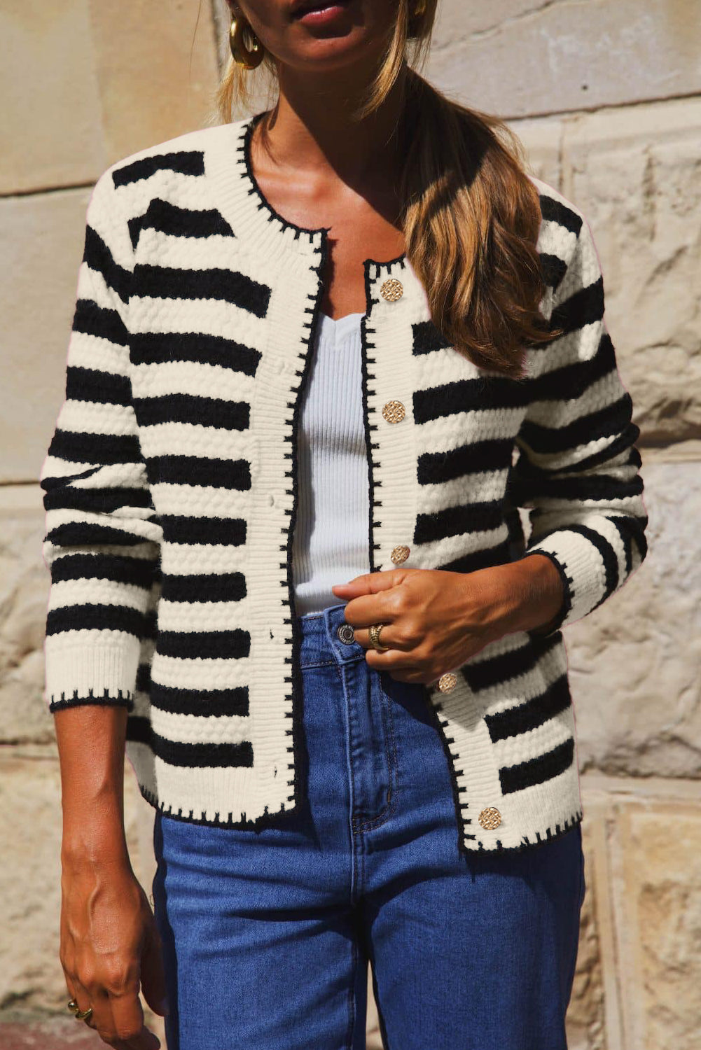 Black Striped Chic Button Round Neck Knit Cardigan