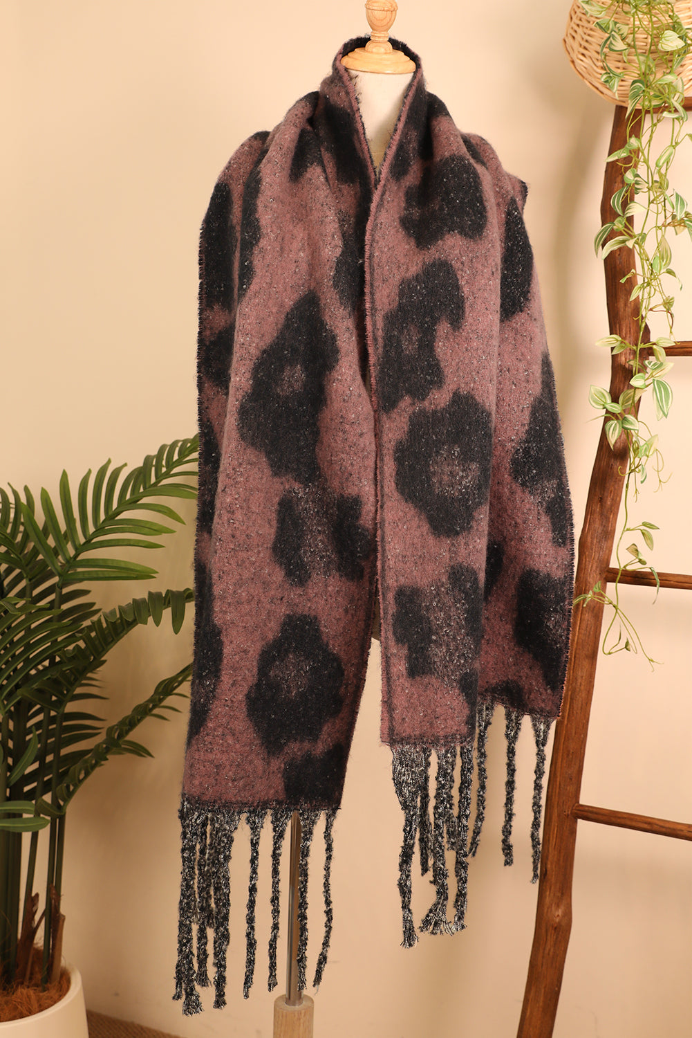 Desert Rose Leopard Print Fringe Scarf