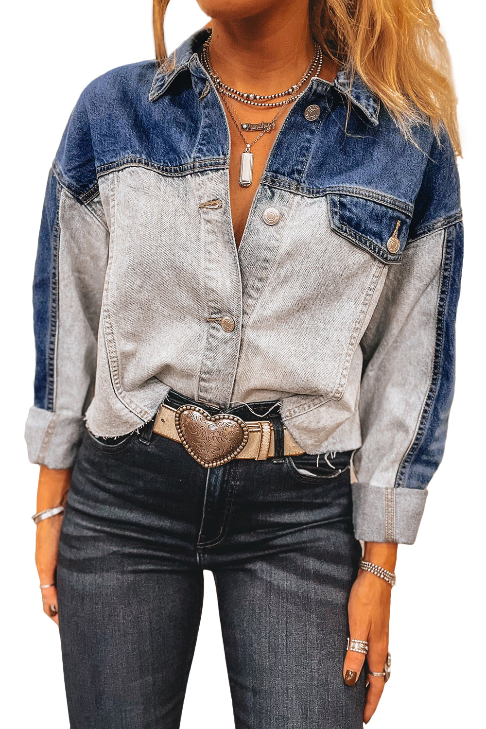 Dusk Blue Patchwork Flap Detail Distress Denim Jacket