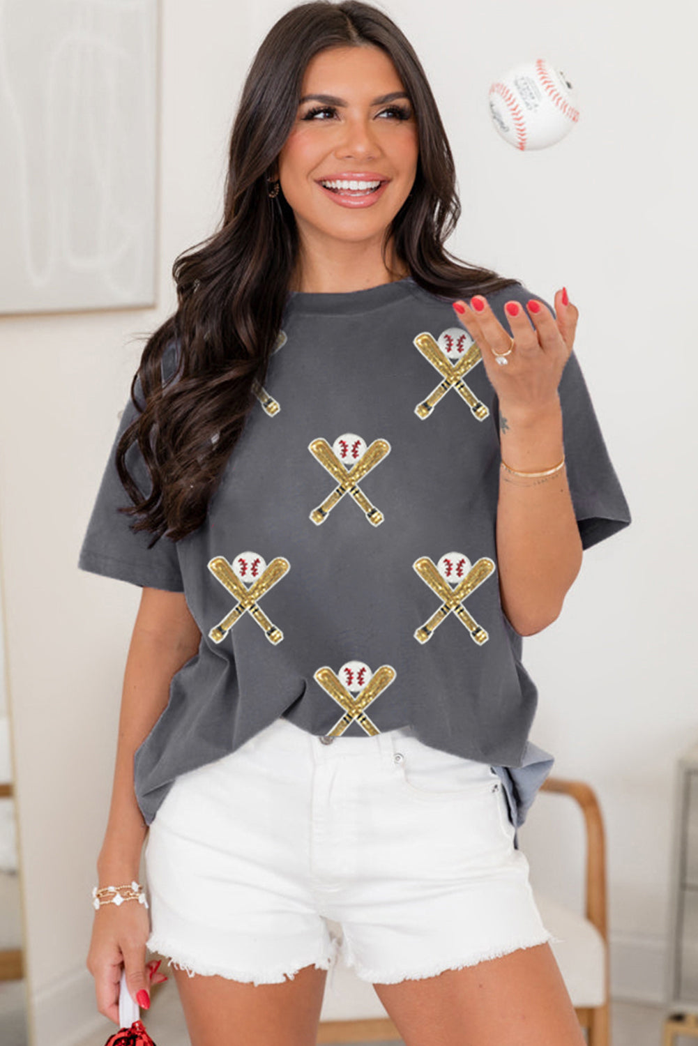 Gray Sequin Baseball Bat Graphic Game Day Casual Tee