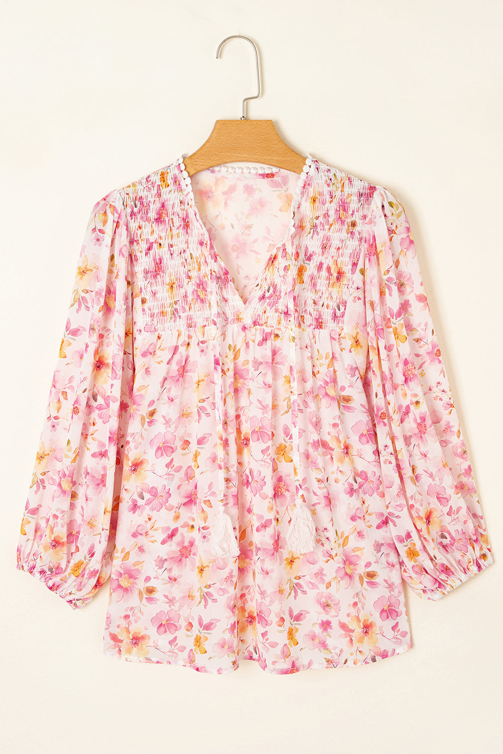 Pink Floral Print Tassel Tie Smocked V Neck Puff Sleeve Tunic Blouse