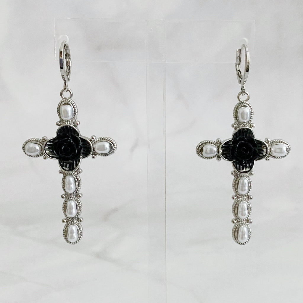Black Rose Cross Earrings-2