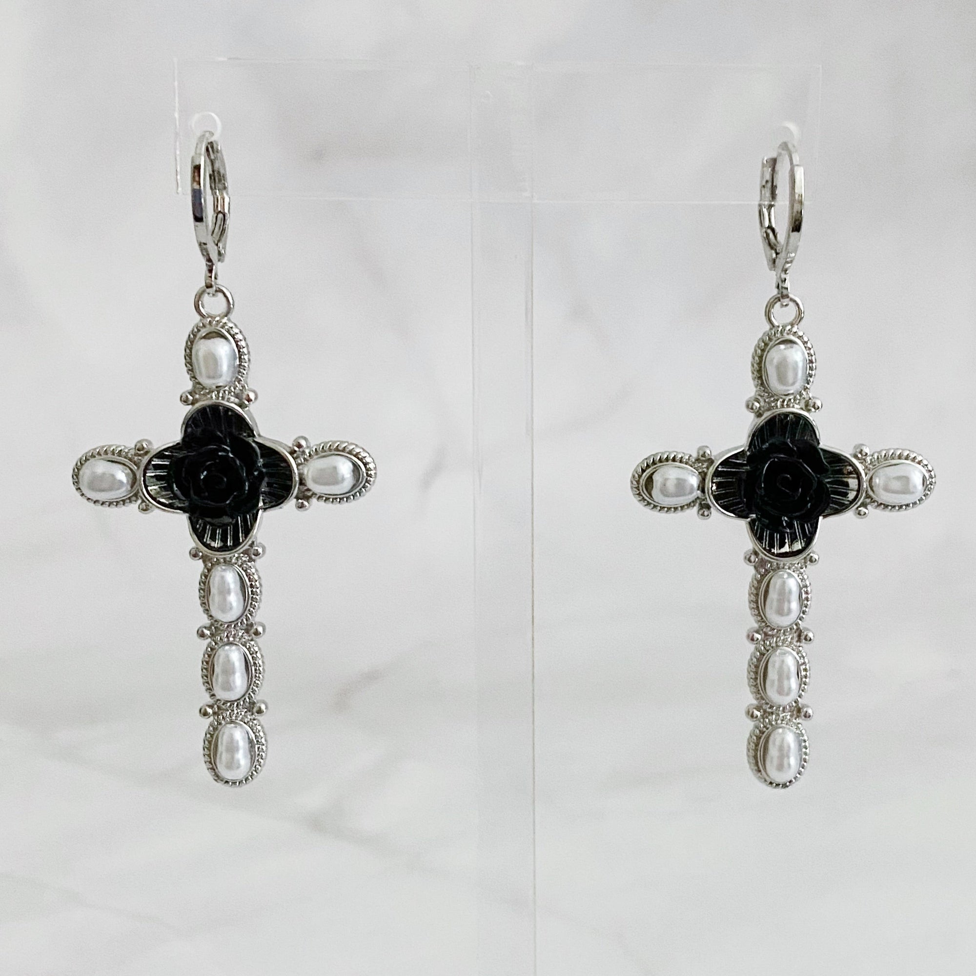 Black Rose Cross Earrings-2