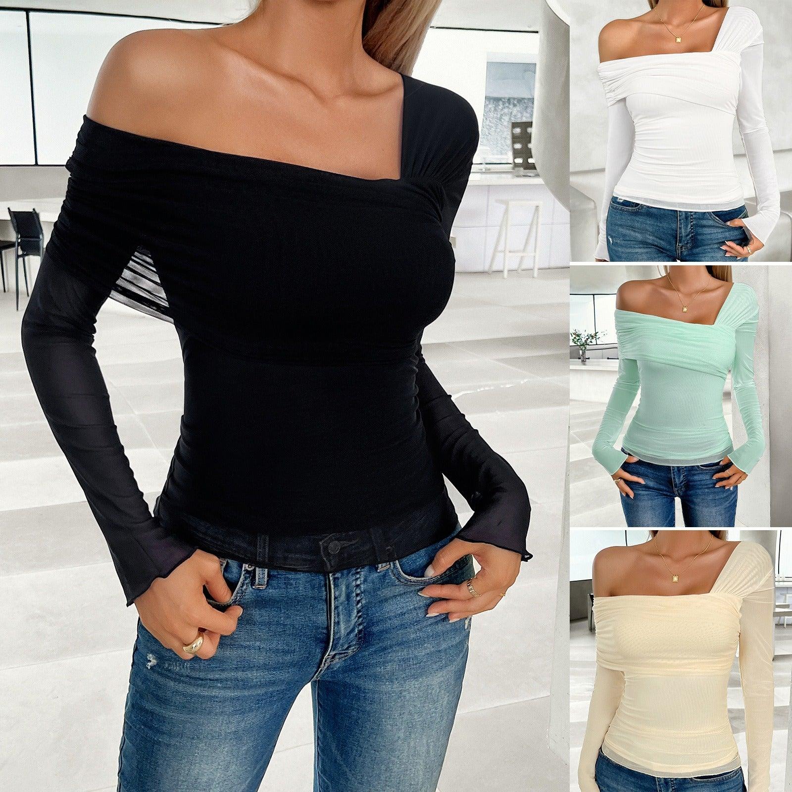 Chic Slanted Collar Mesh Top - Sexy One Shoulder Fashion Top for Women