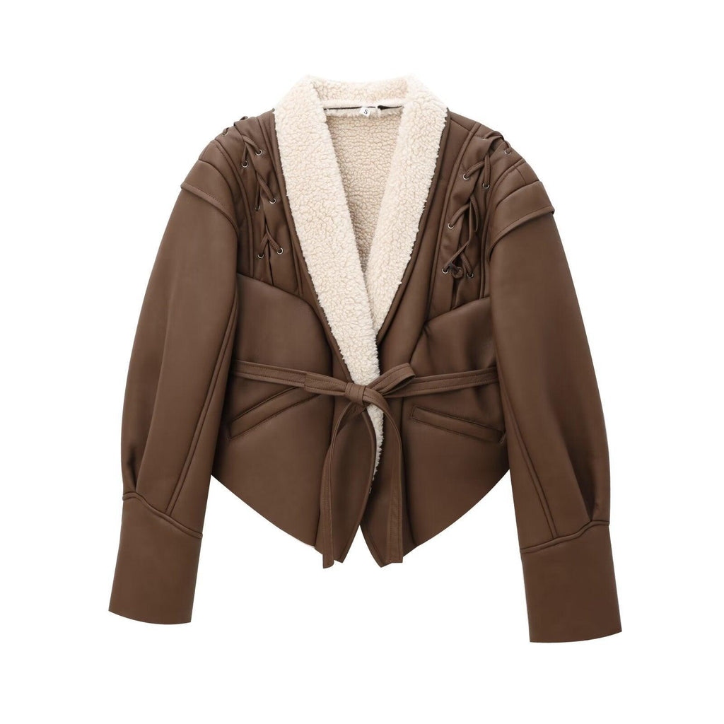 Chic French Waist Suede Jacket - Stylish Chocolate Leather Jacket for Women