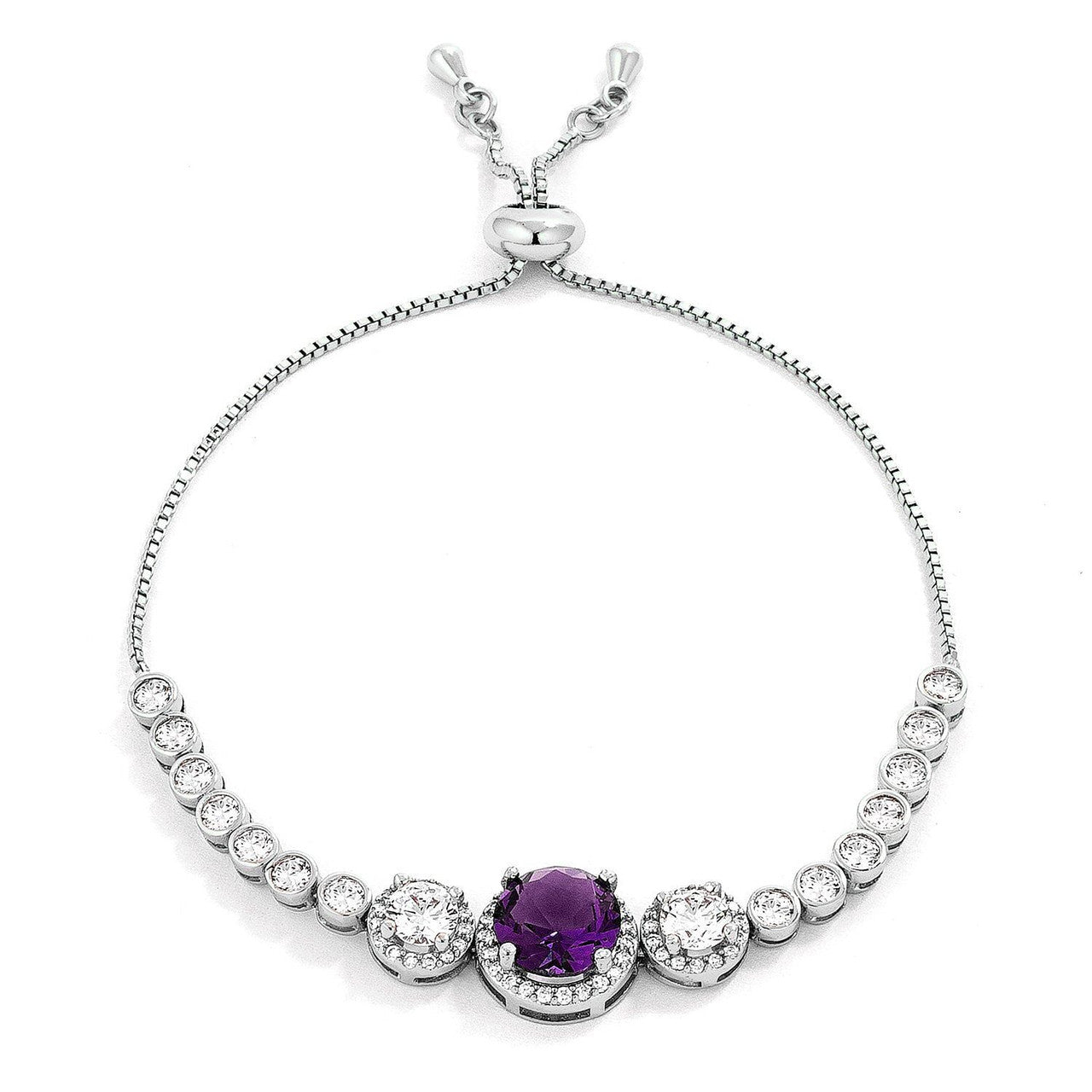 Adjustable Rhodium Plated Graduated Purple & Clear CZ Bolo Style Tennis Bracelet-0