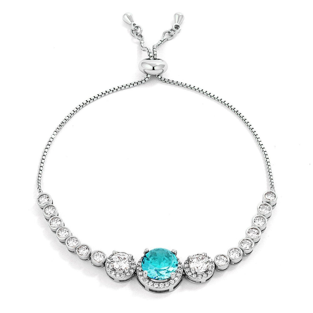 Adjustable Rhodium Plated Graduated Aqua CZ Bolo Style Tennis Bracelet-0