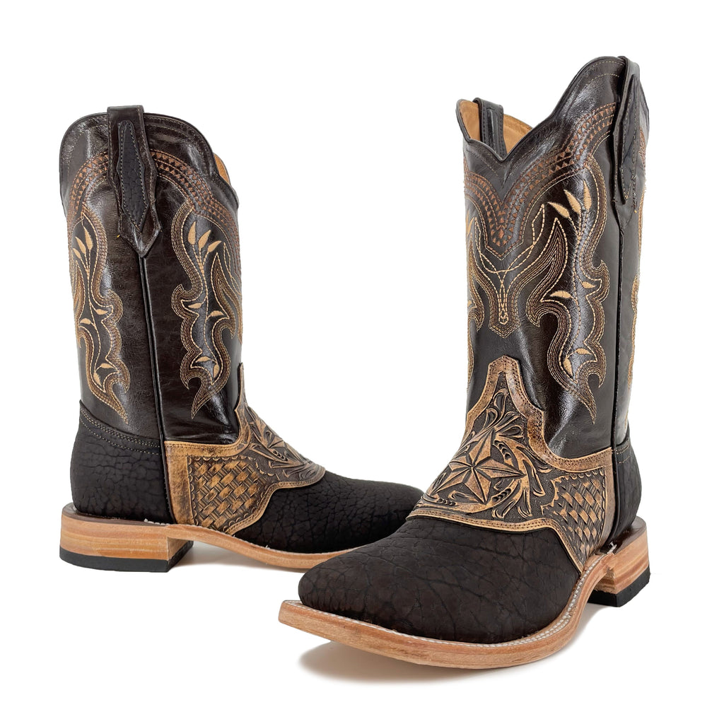 Men's Bulldog Hand Tooled Boots- Bull Neck Brown