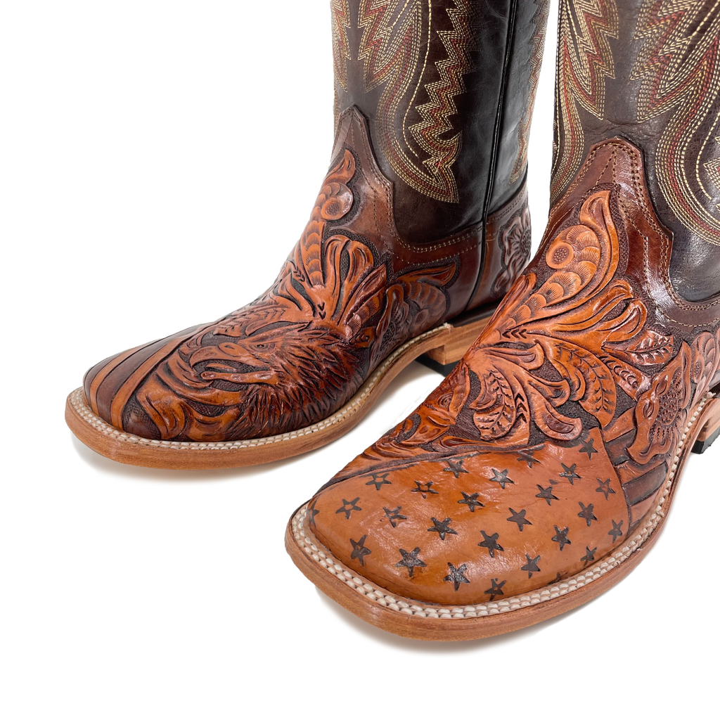 Men's Bulldog Hand Tooled Boots - American Flag w/ Bald Eagle