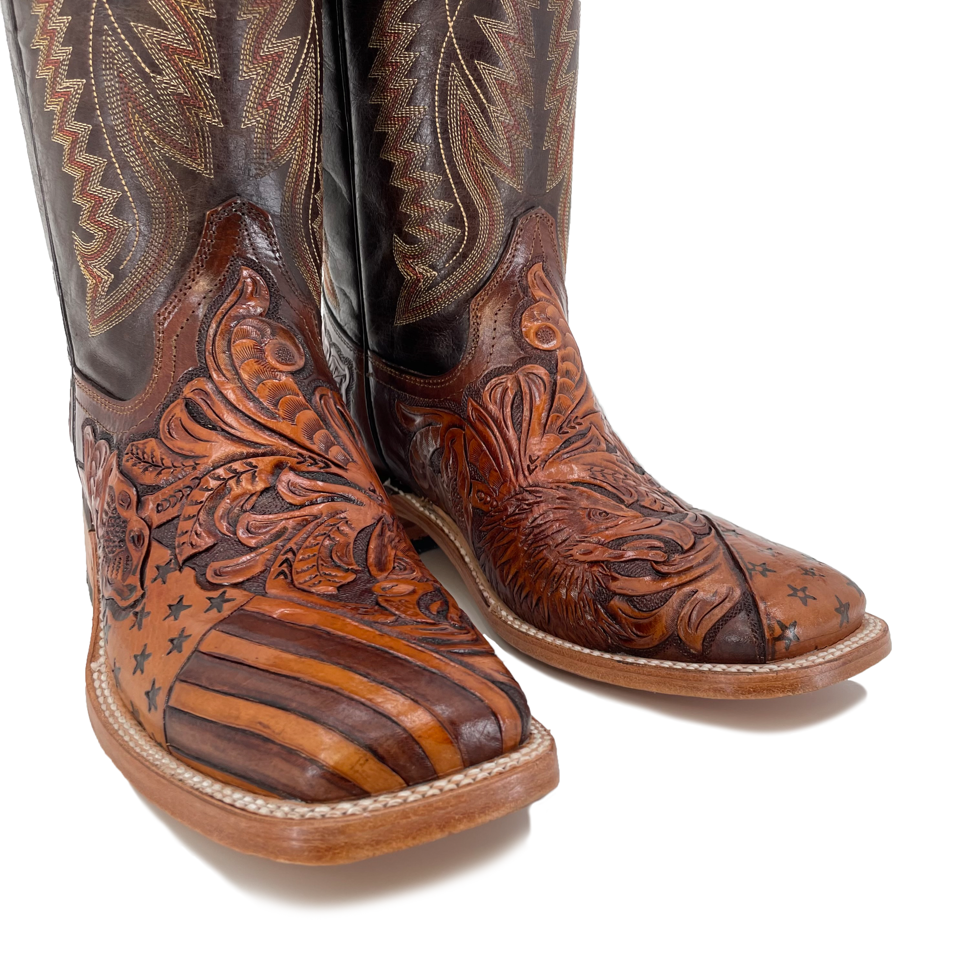 Men's Bulldog Hand Tooled Boots - American Flag w/ Bald Eagle
