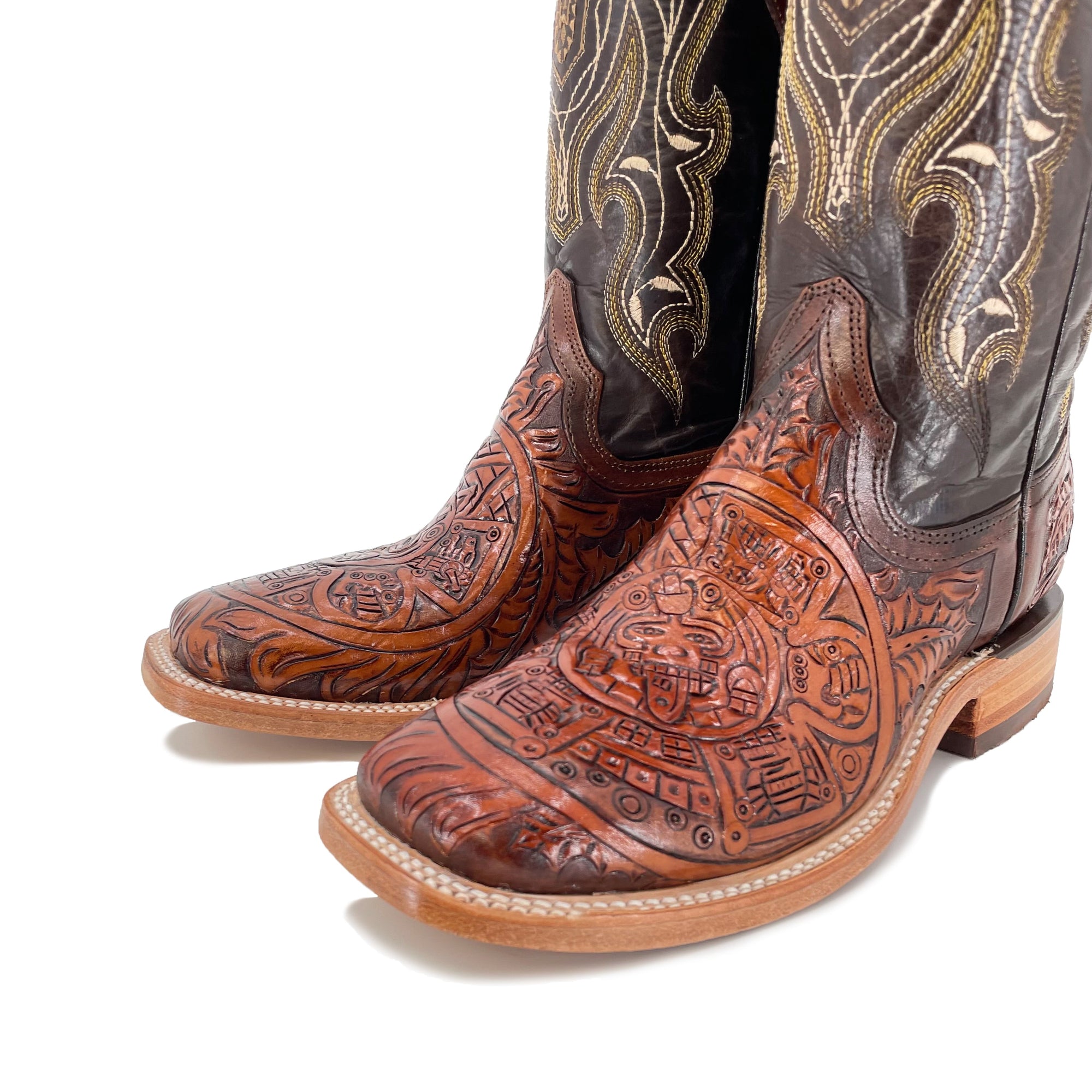 Men's Bulldog Hand Tooled Boots - Aztec Calendar Bitone