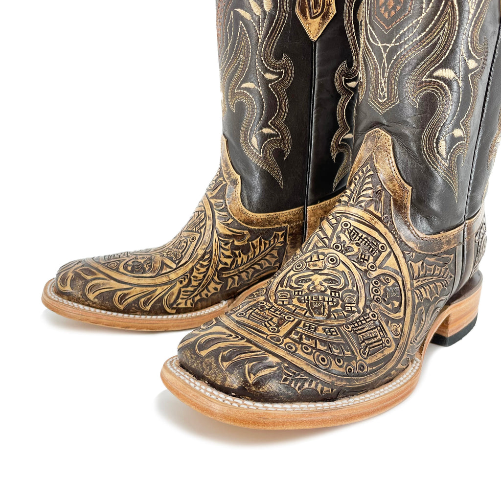 Men's Bulldog Hand Tooled Boots- Aztec Calendar Rustic