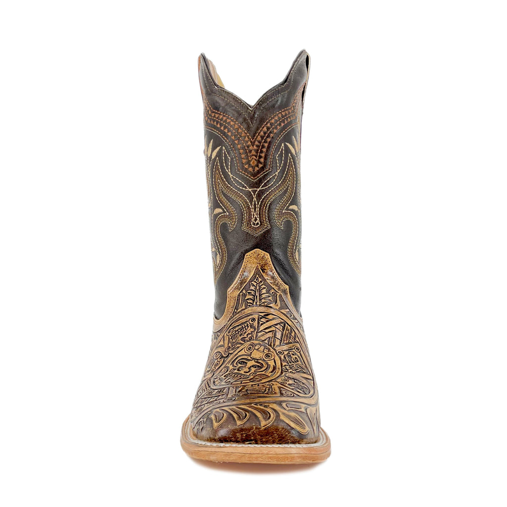 Men's Bulldog Hand Tooled Boots- Aztec Calendar Rustic