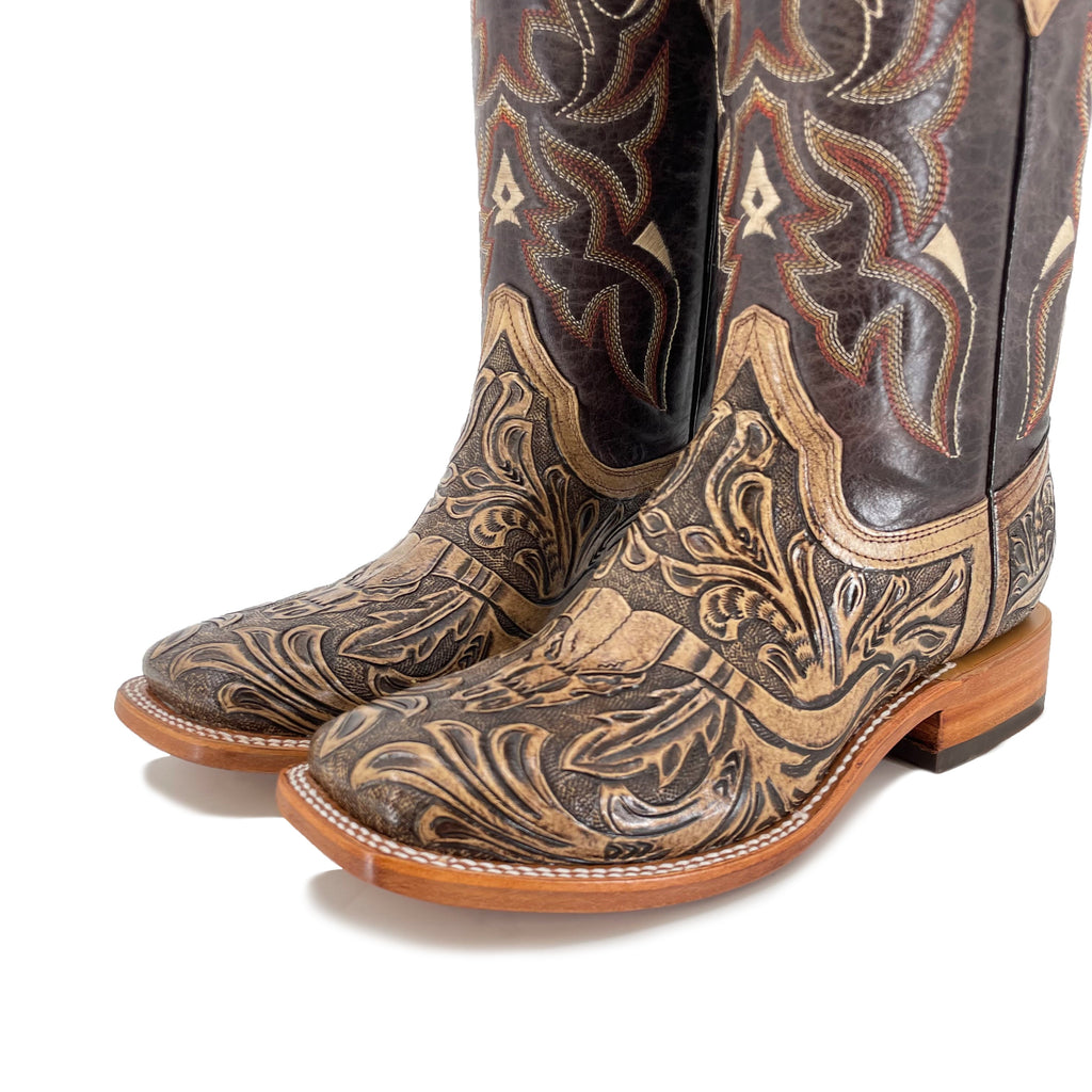 Men's Bulldog Handtooled Boots - Long Horn Rustic