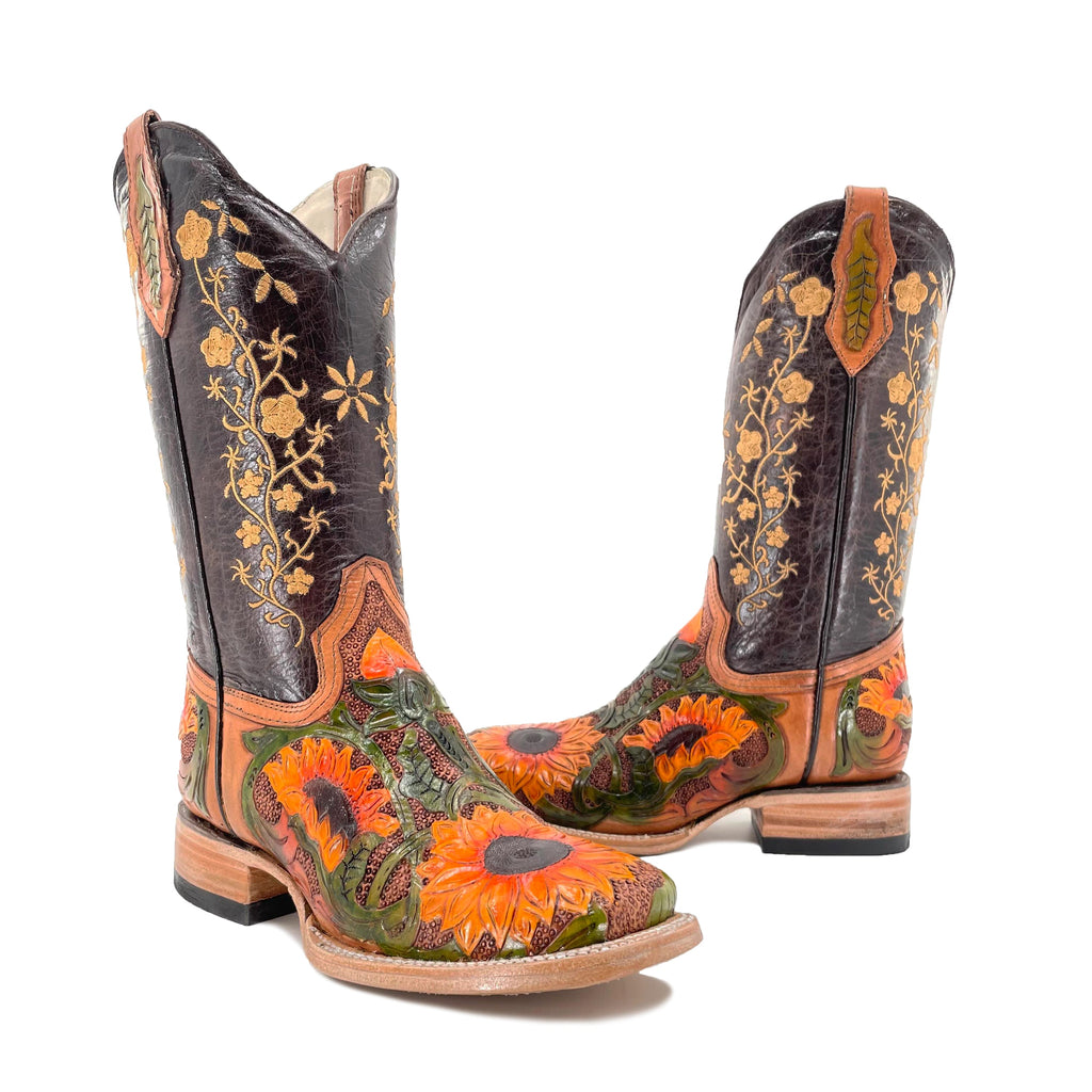 Women's Bulldog Hand Tooled Boots - Sunflowers