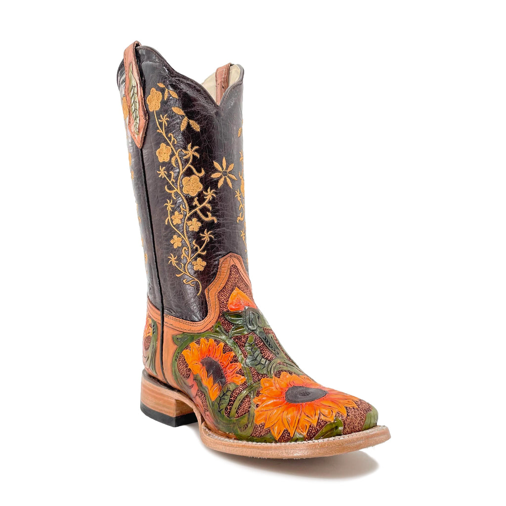 Women's Bulldog Hand Tooled Boots - Sunflowers