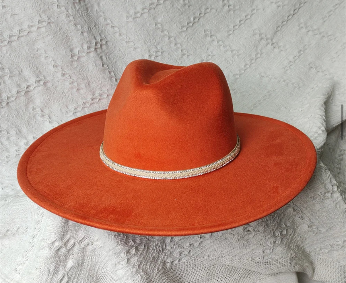 Wide Brim Fedora Hat - Vegan Suede Material, With Dazzling Accessory, Adjustable Straps, 10cm Brim, 12cm Height, Unisex Fashion Accessory-0