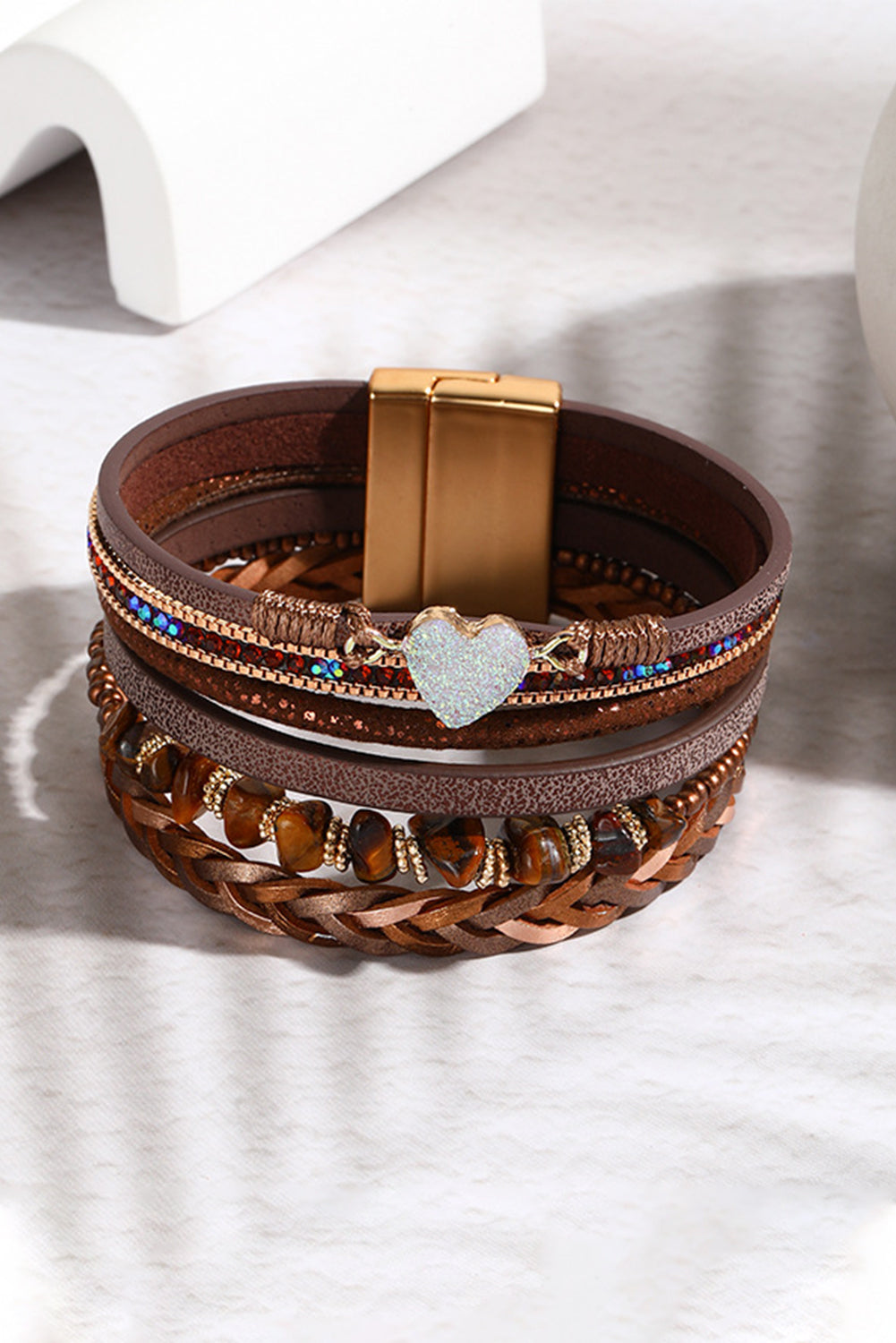 Brown Glittering Heart Accent Multi-layer Vintage Bracelet-0