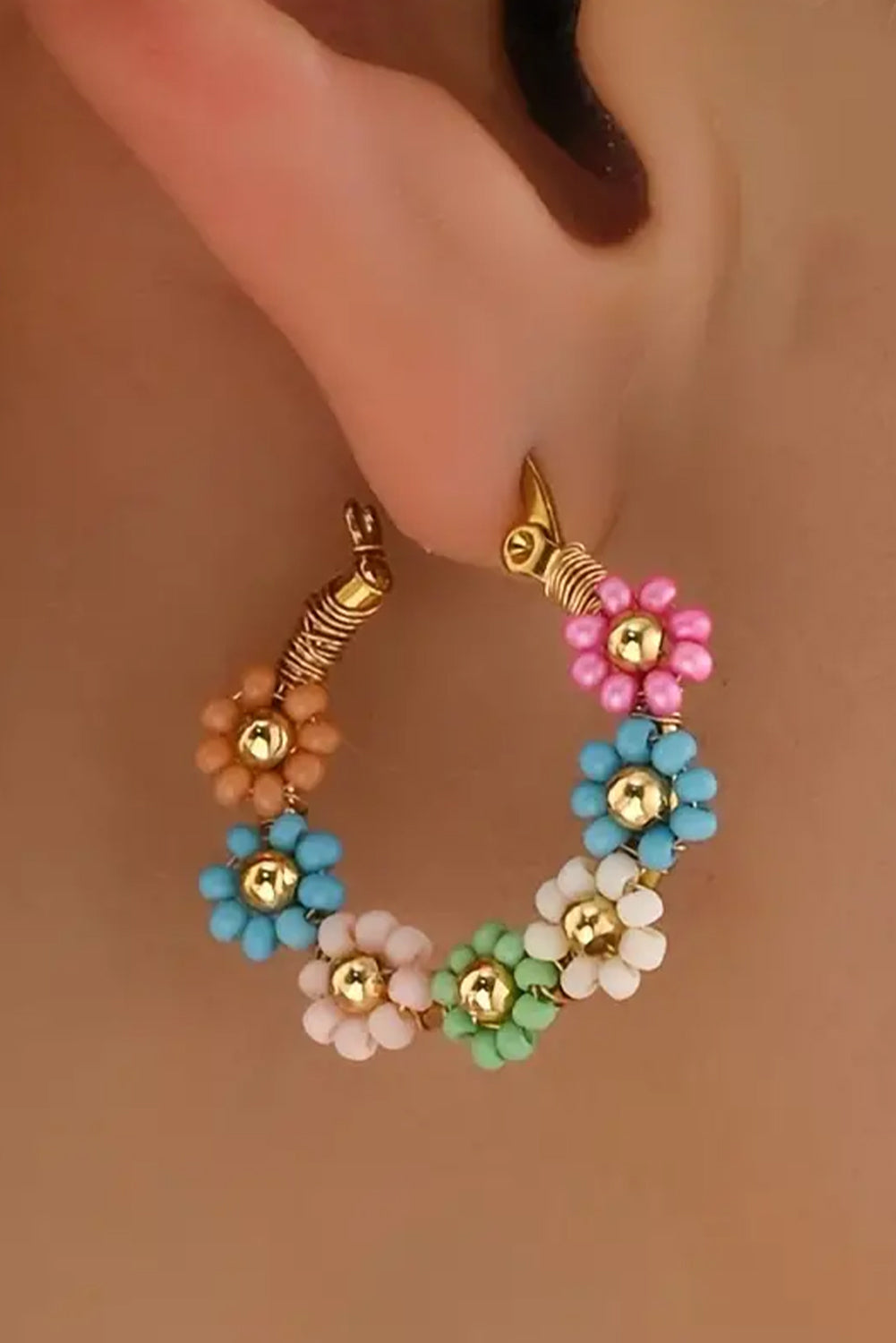 Pink Colorful Flower Hoop Earrings-3