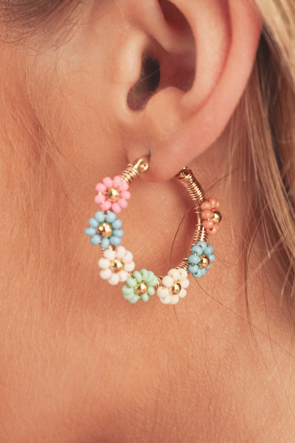 Pink Colorful Flower Hoop Earrings-5