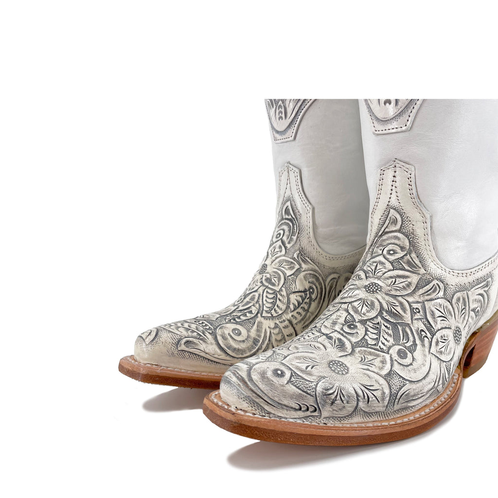 Women's Western Handtooled Boots - Floral White