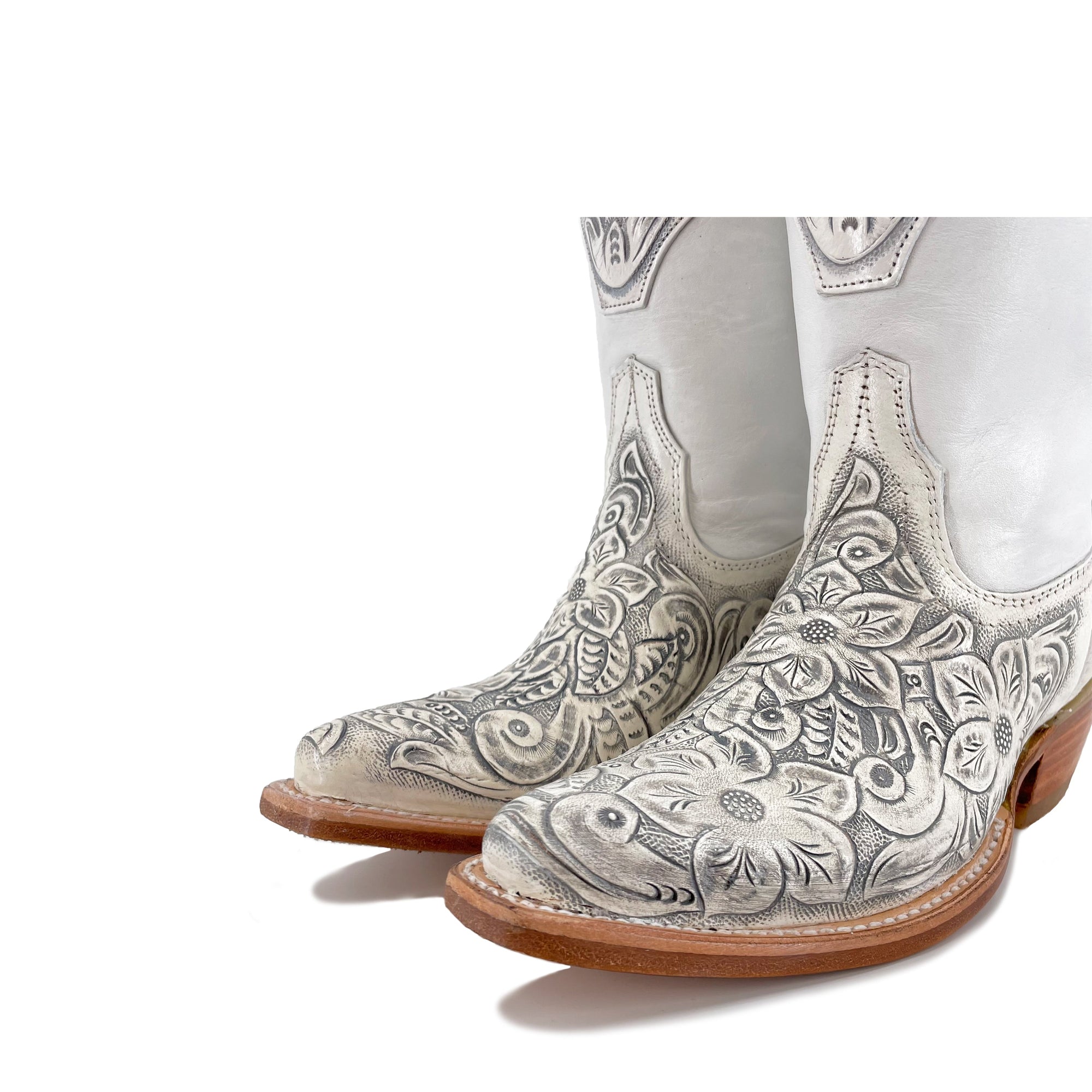 Women's Western Handtooled Boots - Floral White