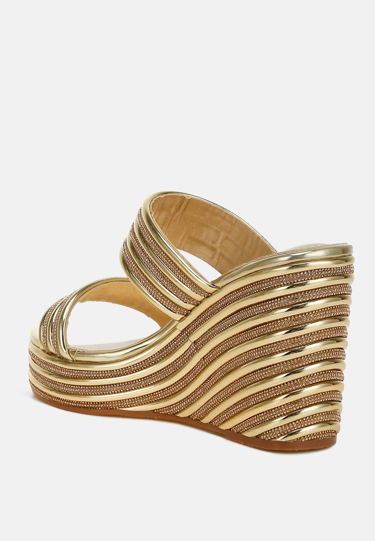 Benched Metallic Faux Leather Wedge Sandals-2