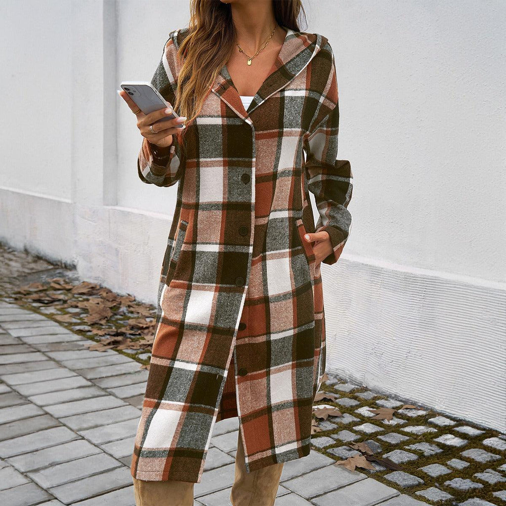 Contrasting Color Hooded Jacket – Stylish Cowgirl Outerwear with Checkered Pattern